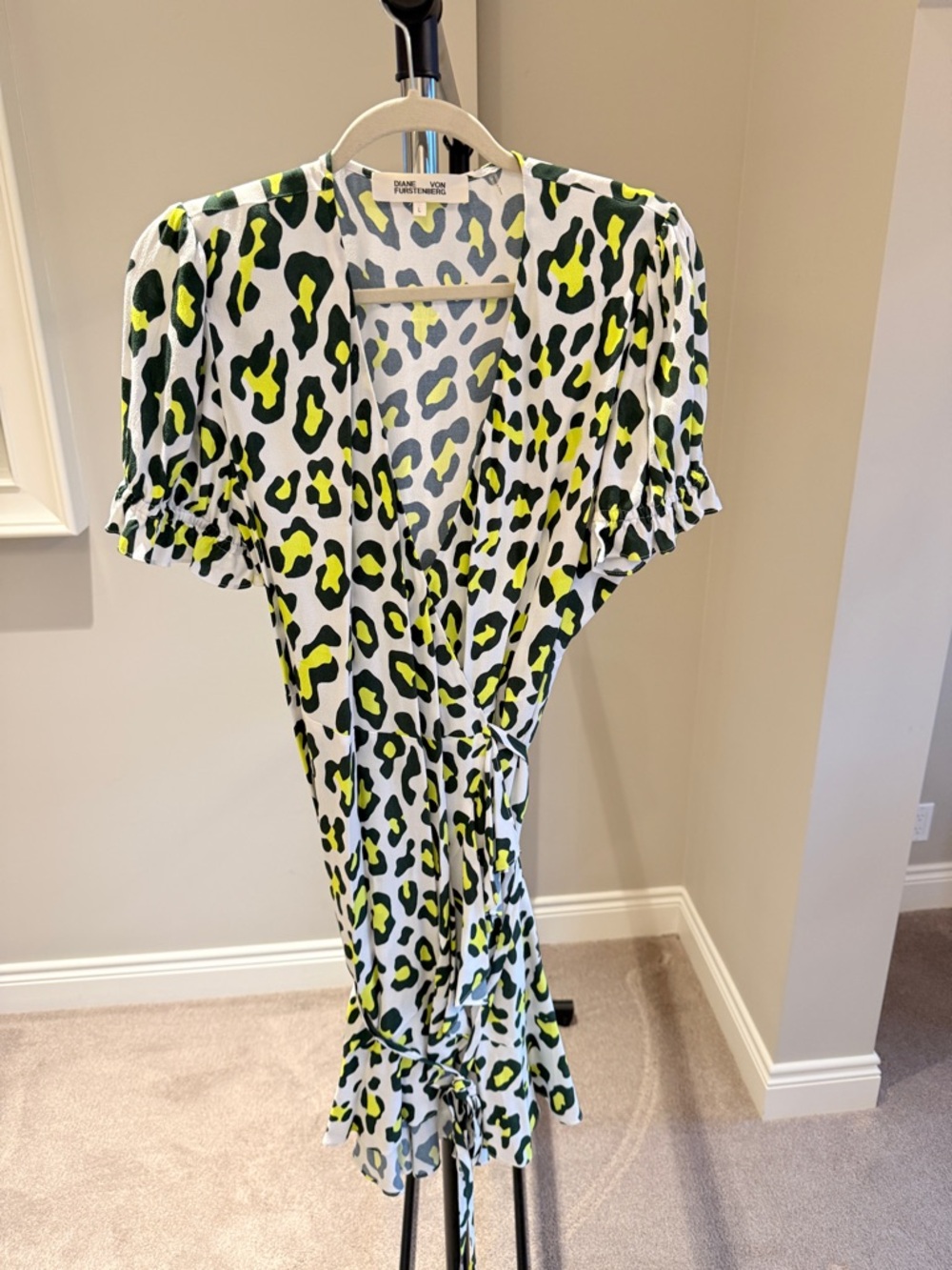Diane Von Furstenberg White Wrap Dress with Neon Yellow and Black Leopard Print